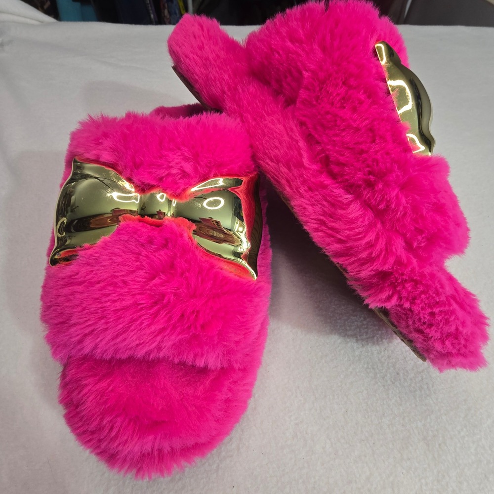 Katy Perry Fuzzy Gold Bow Slide Slippers Hot Pink Cozy Glam Womens Medium (8-9) - Picture 2 of 11